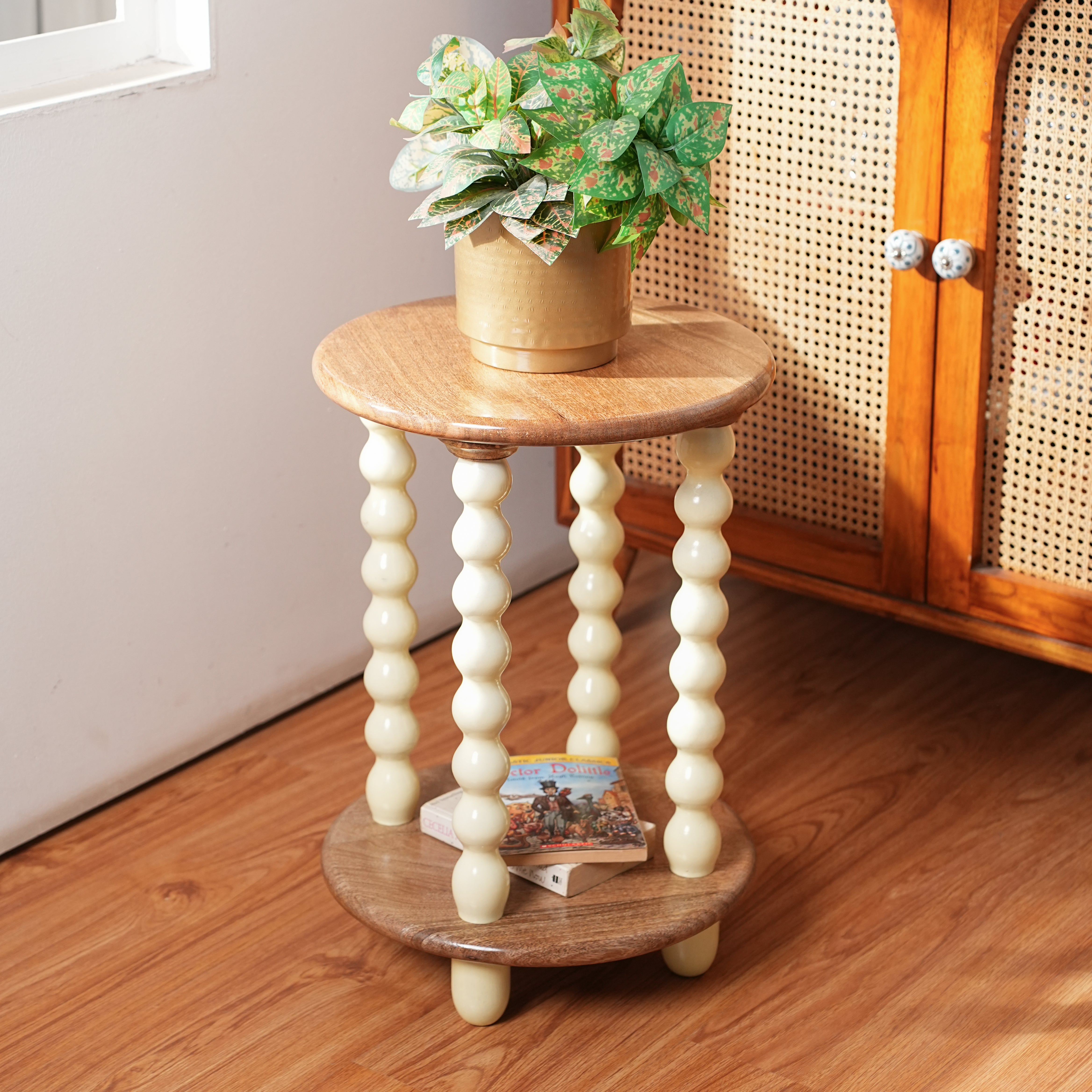 Wooden Round Side Table with Storage and Beaded Legs in Ivory Cream - Accent Table for Coffee & Snacks