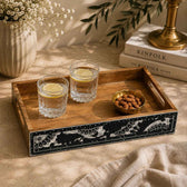 Wooden Breakfast & Snack Serving Tray with Black Floral Design