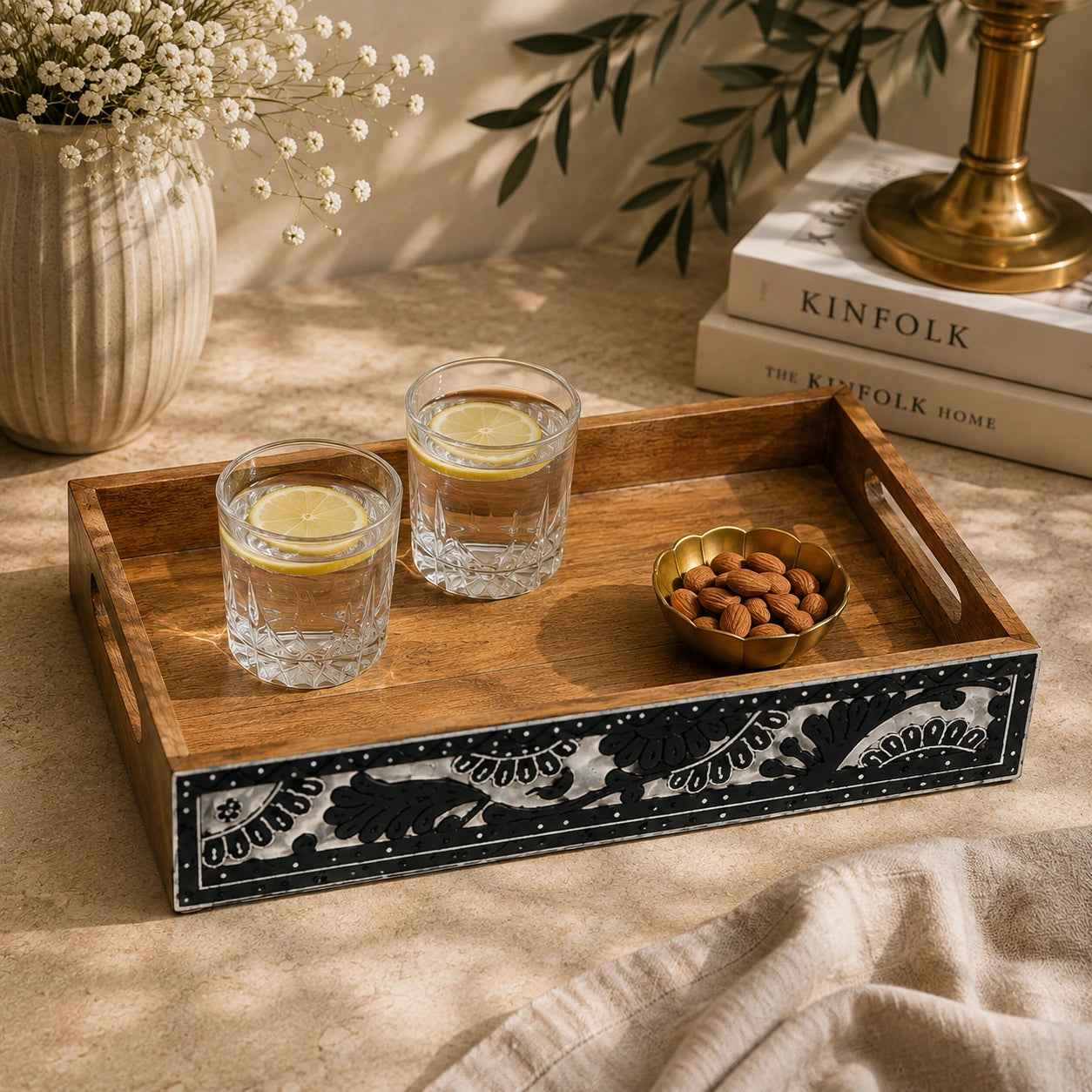 Wooden Breakfast & Snack Serving Tray with Black Floral Design