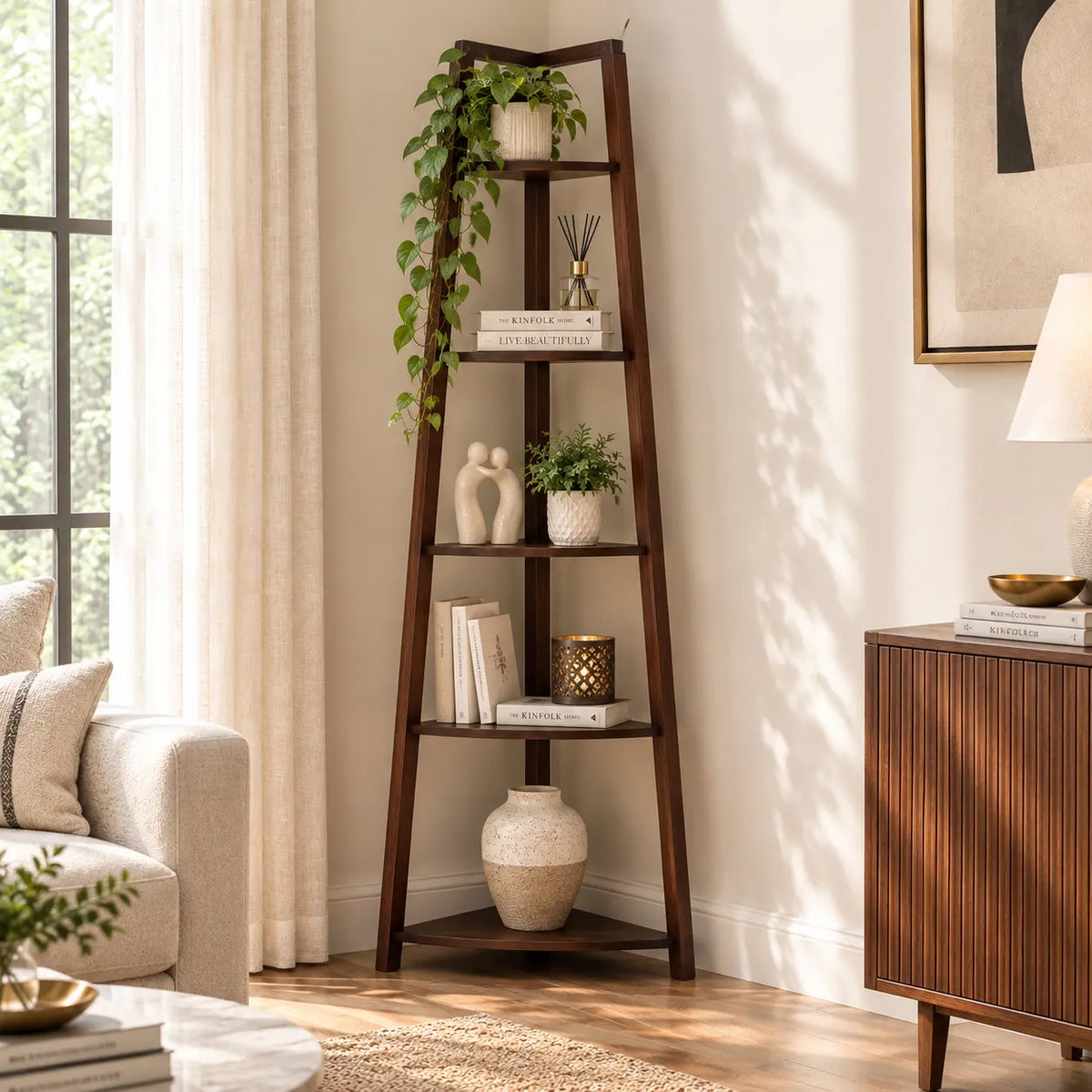 Wooden Corner Ladder 5 Tier Shelf for Home Decor