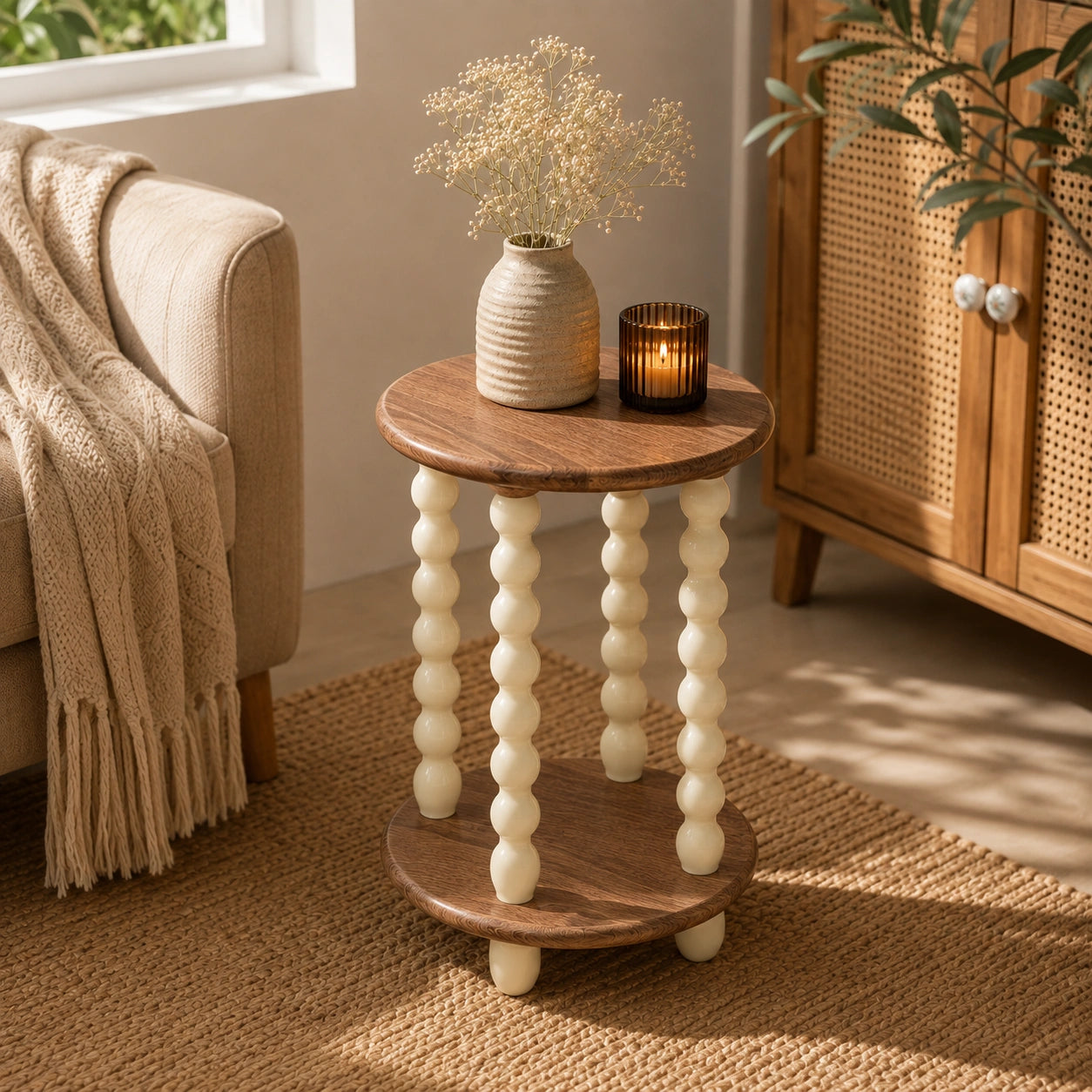 Wooden Round Side Table with Storage & Beaded Legs in Ivory Cream