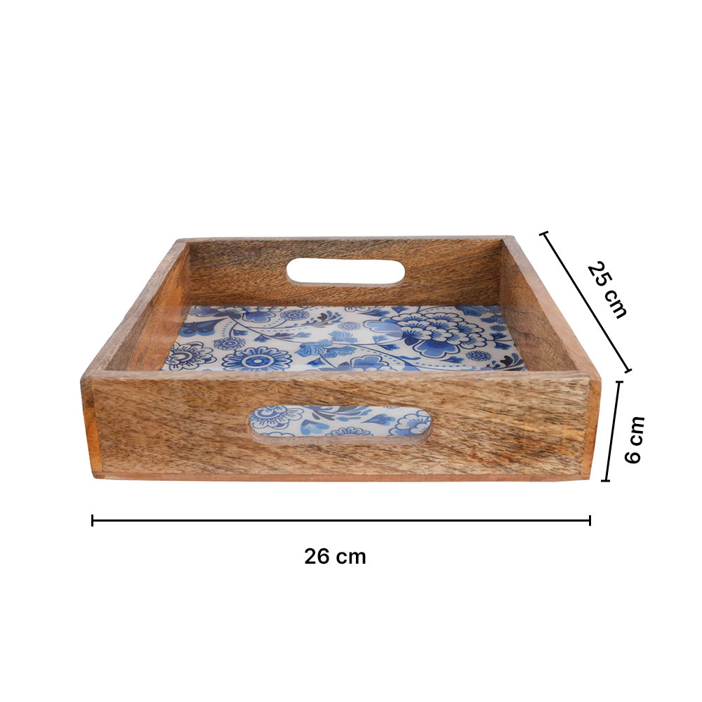 Wooden Serving Tray in Blueflower Design
