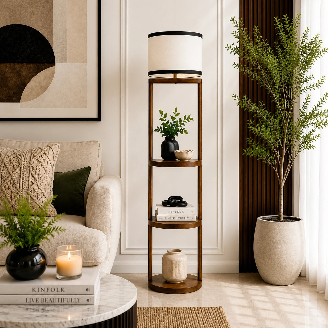 Wooden Shelf Floor Lamp with Storage in Round Shape