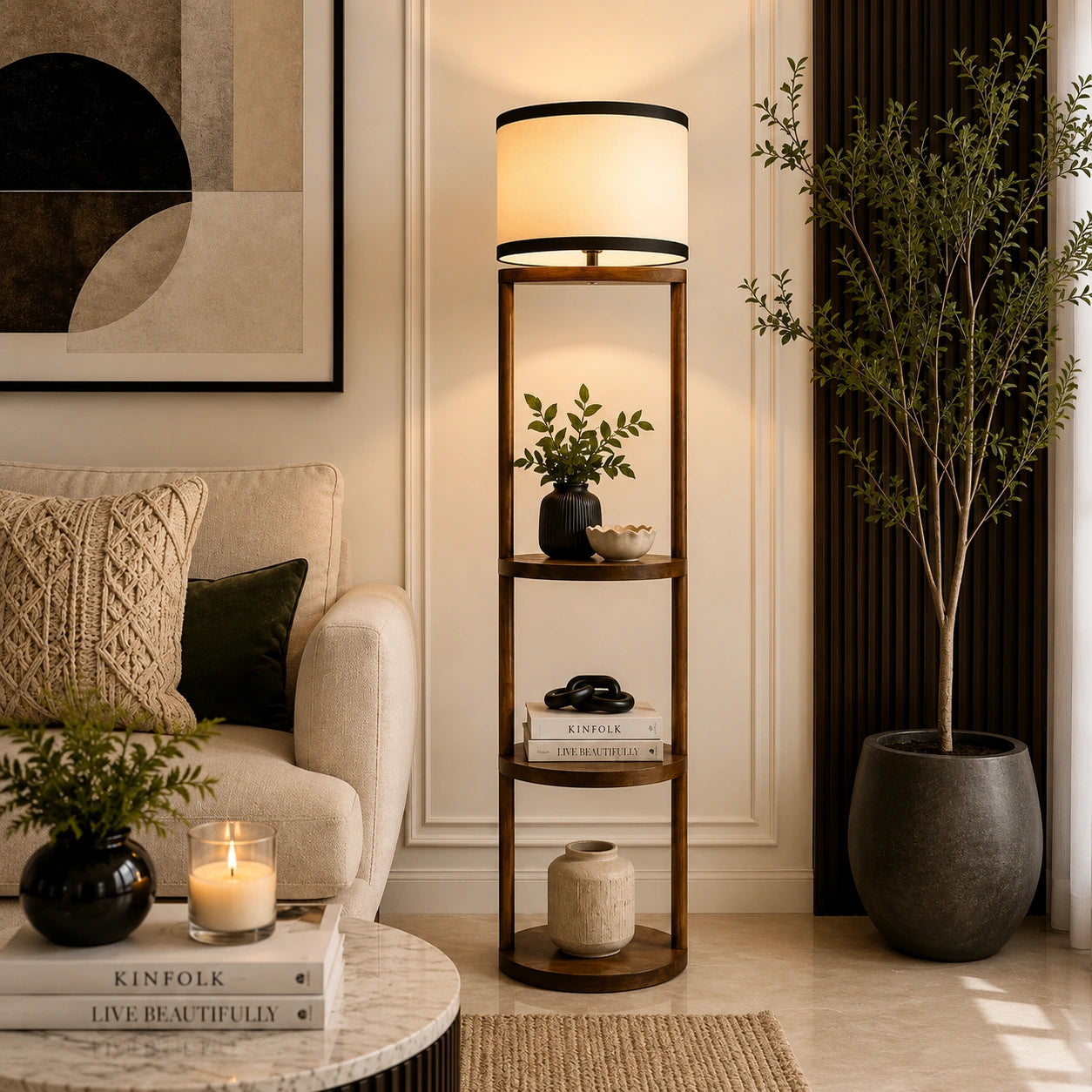Wooden Shelf Floor Lamp with Storage in Round Shape