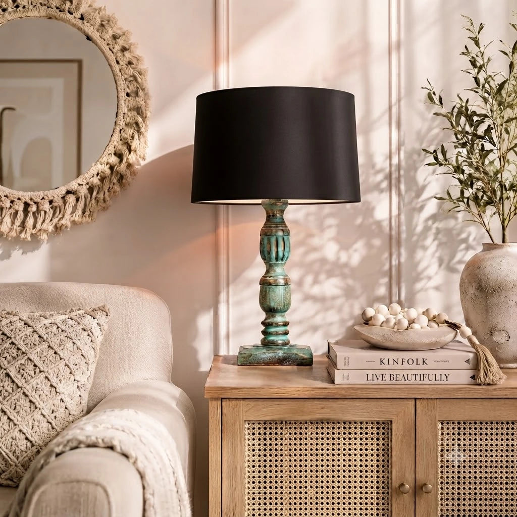 Wooden Table Lamp for Living Room with Multicolour Shade