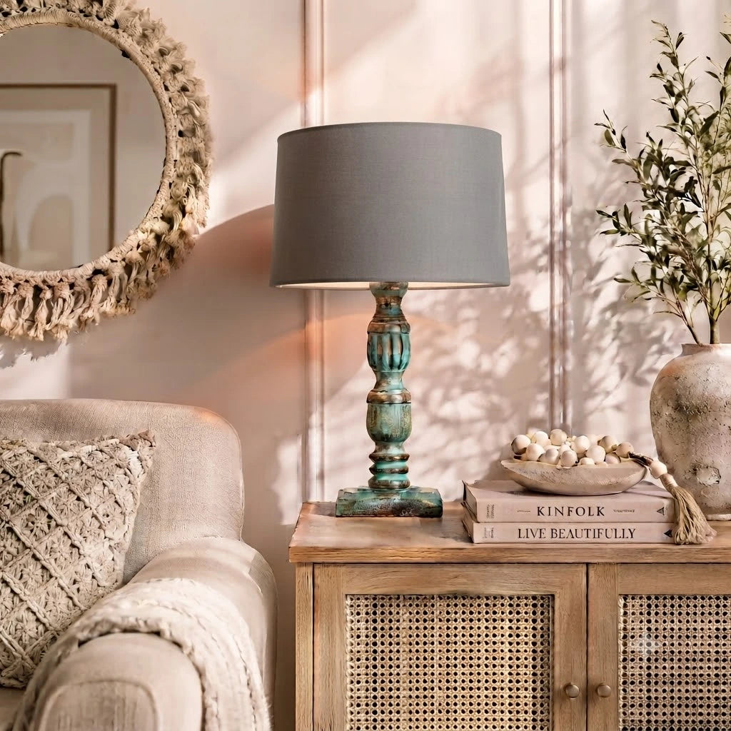 Wooden Table Lamp for Living Room with Multicolour Shade