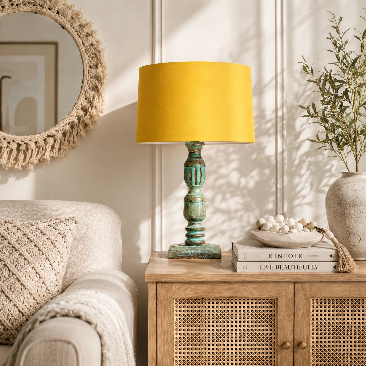 Wooden Table Lamp for Living Room with Multicolour Shade