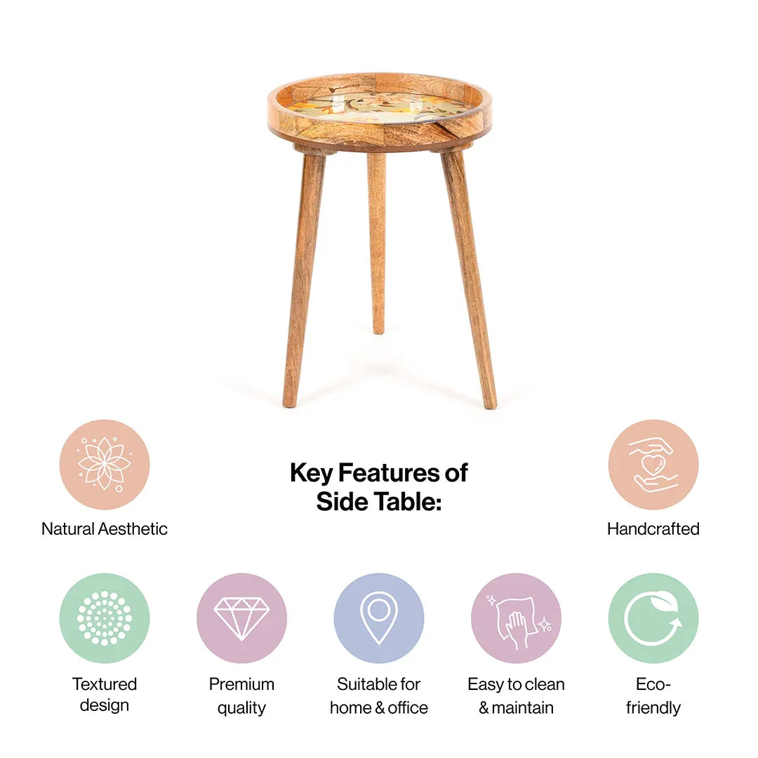 Wooden Round Side Table Yellow Floral for Living Room