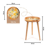 Wooden Round Side Table Yellow Floral for Living Room