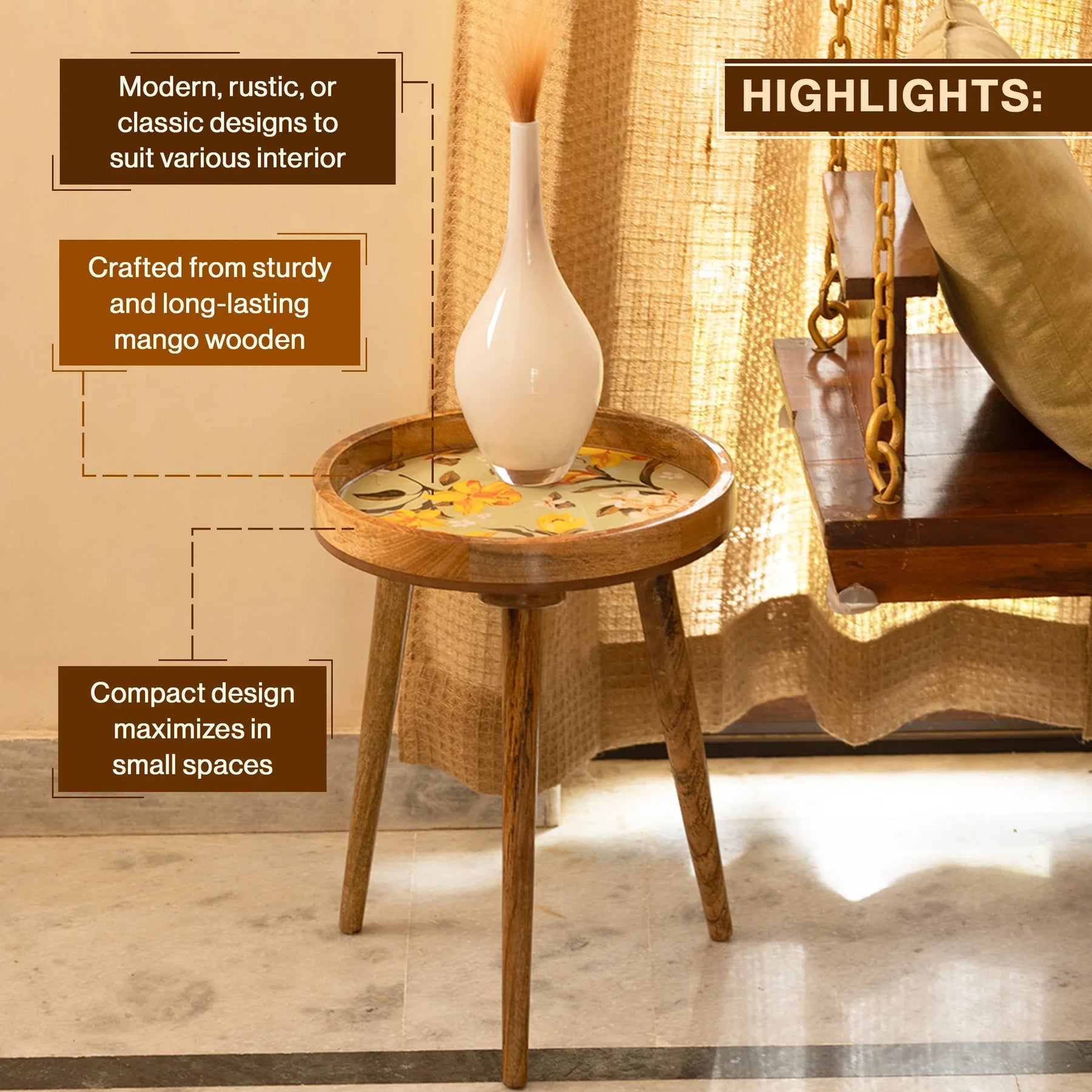 Wooden Round Side Table Yellow Floral for Living Room