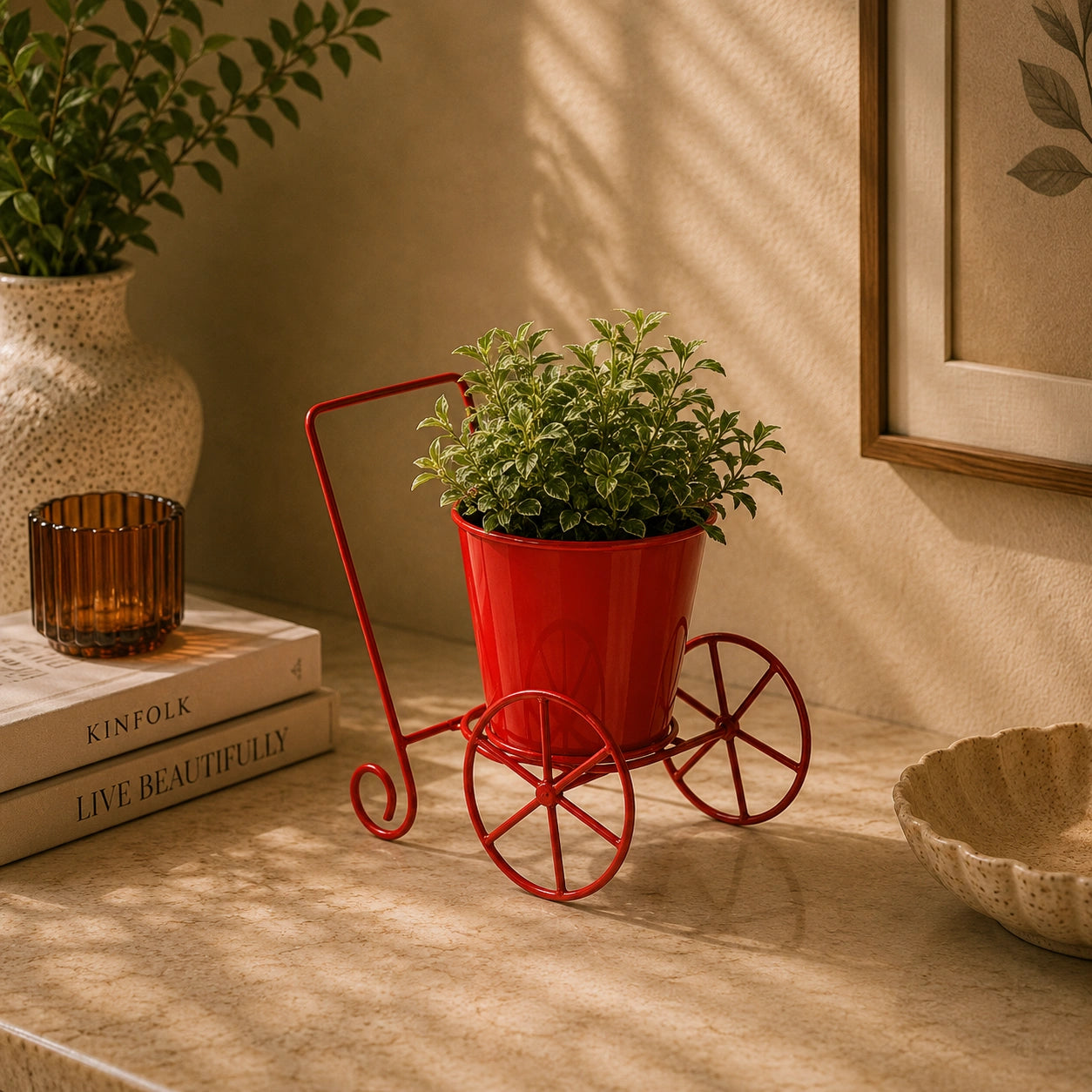 Cart Design Table Top Planter Stand in Red