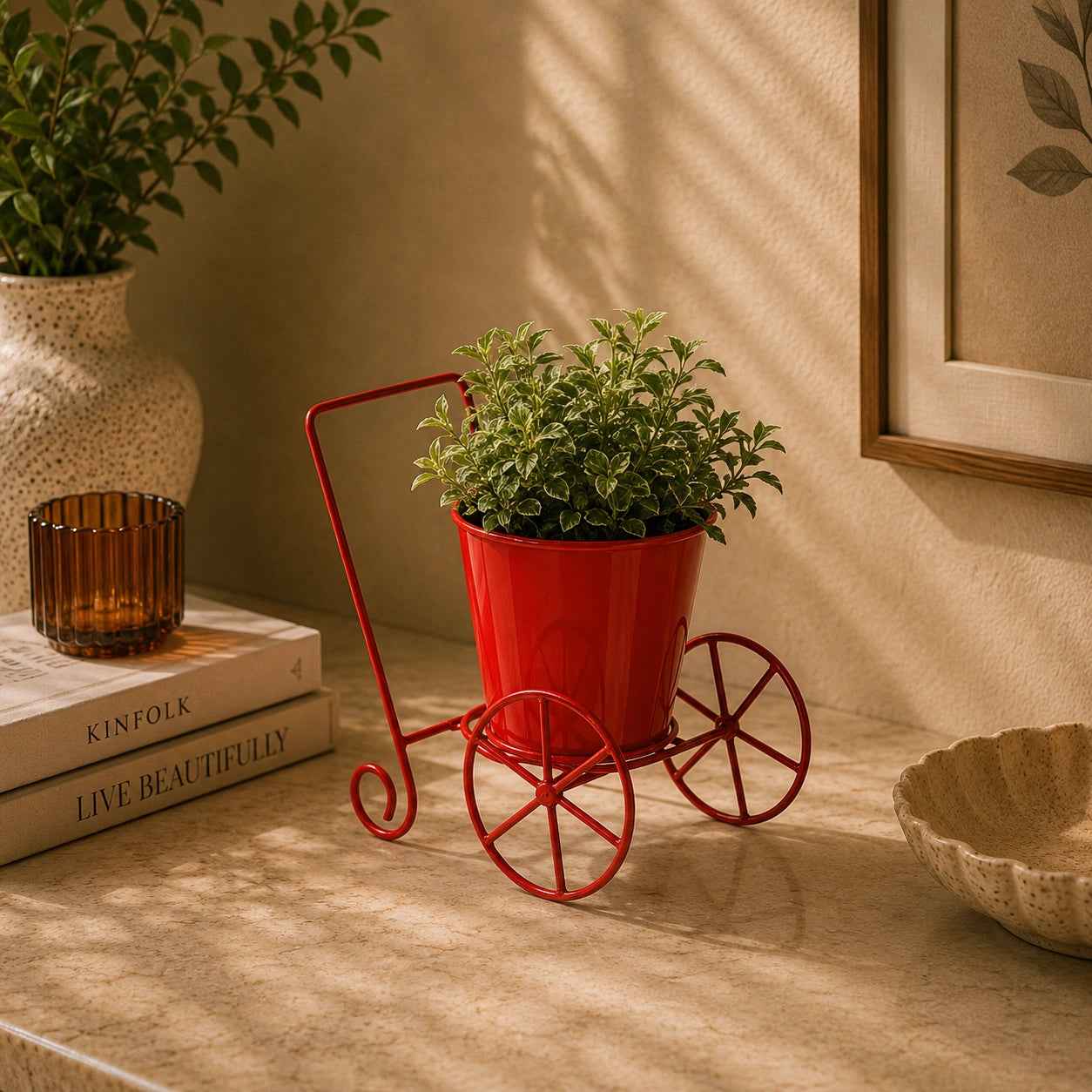 Cart Design Table Top Planter Stand in Red