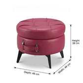 Pink round ottoman with dimensions on a white background
