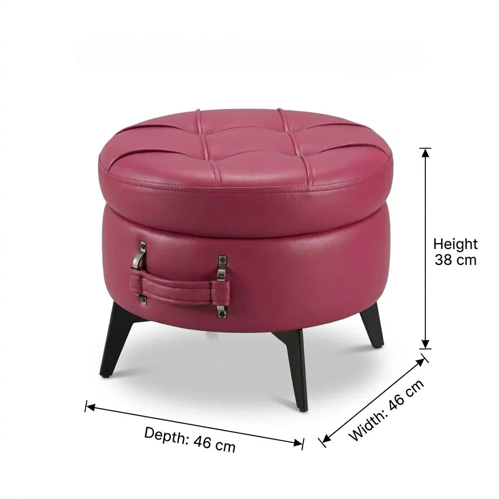 Pink round ottoman with dimensions on a white background