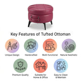 Tufted ottoman with key features listed on a white background