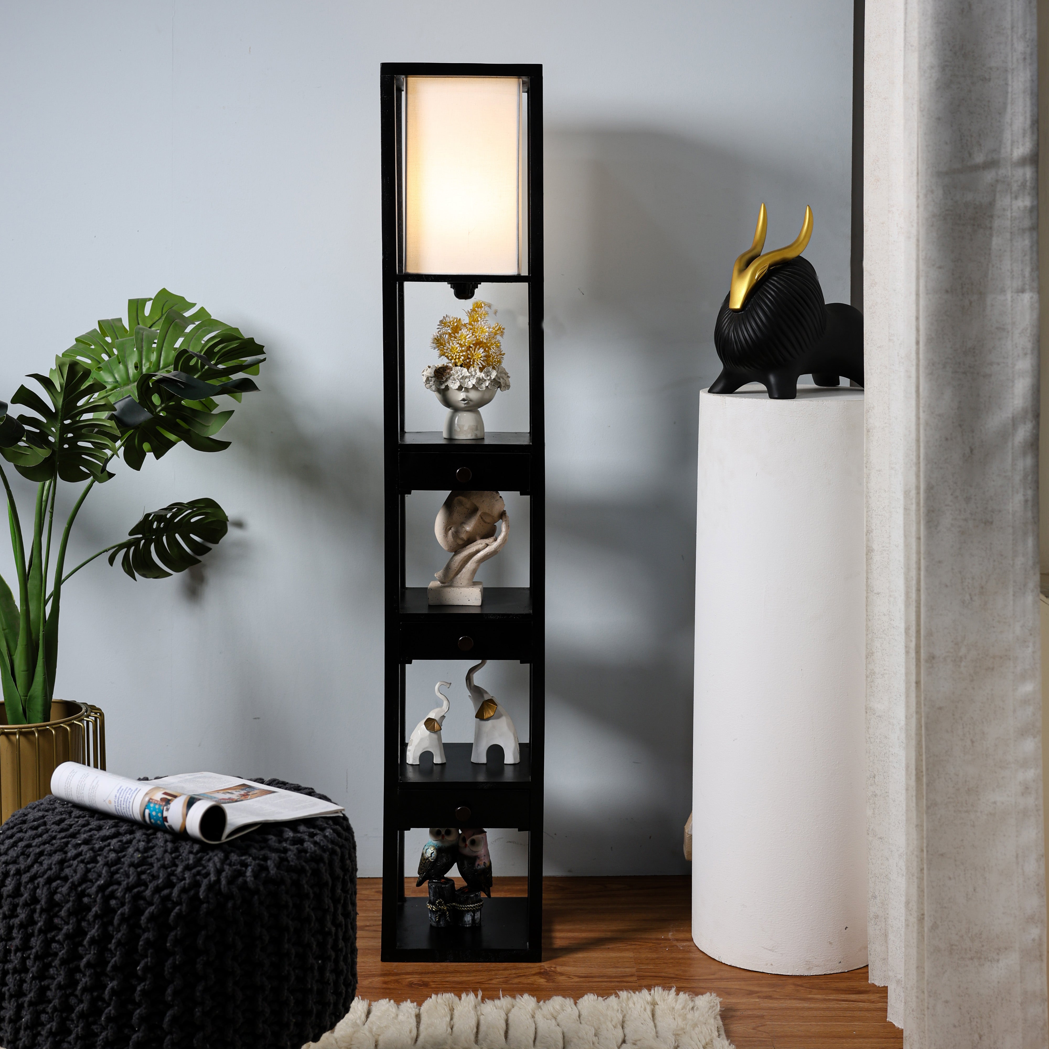 Mango Wood Black Floor Lamp With Three Drawer Shelf Lamp