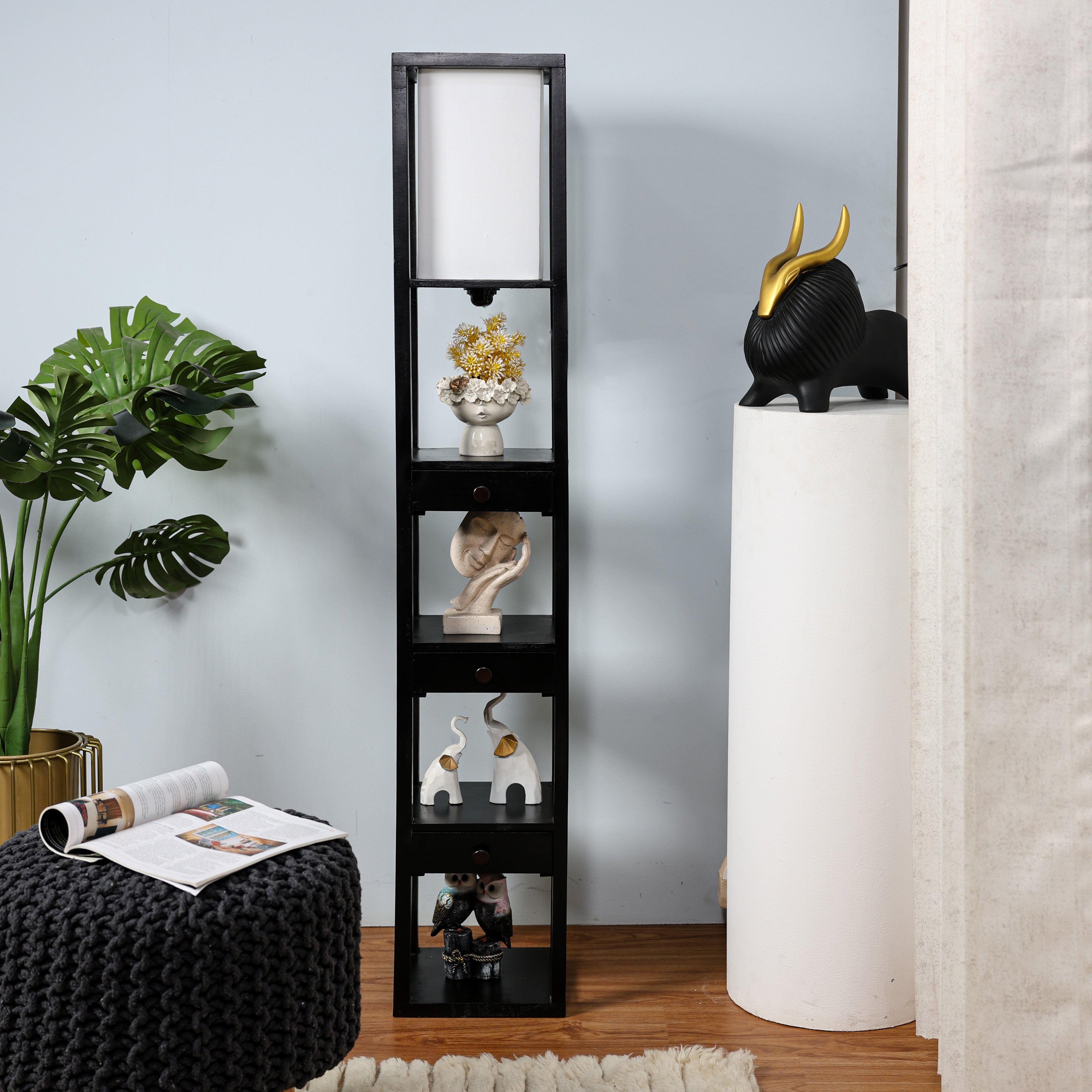 Mango Wood Black Floor Lamp With Three Drawer Shelf Lamp