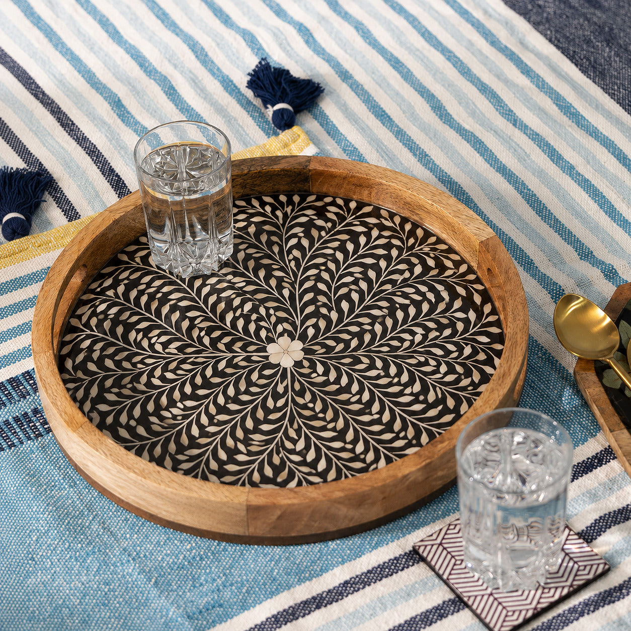Premium Mango Wood Round Serving Tray with Black Petals Design