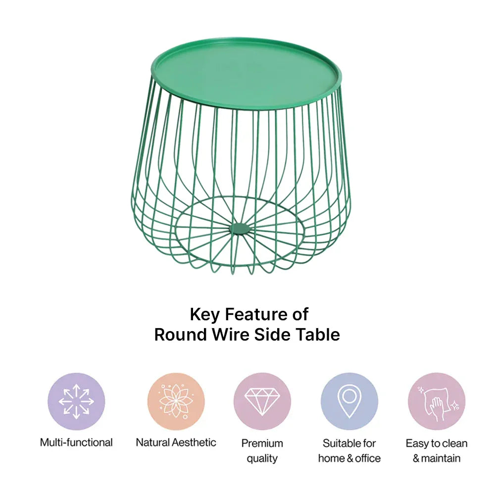 Metal Round Wire Side Table with Storage in Green for Living Room