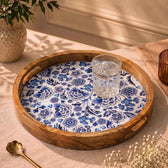 Premium Mango Wood Round Serving Tray with Blue Floral Print