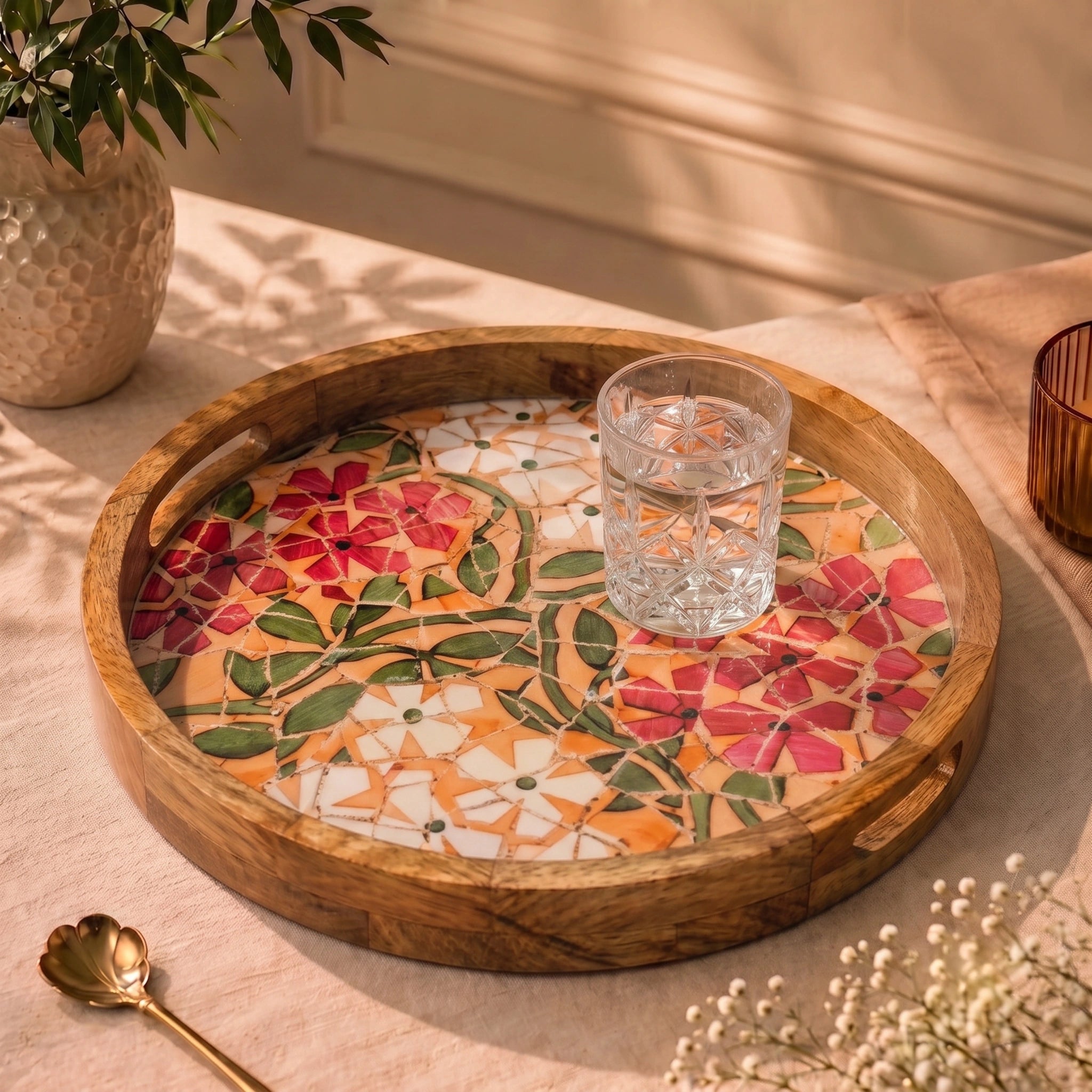 Premium Mango Wood Round Serving Tray in Mosaic