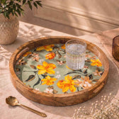Handcrafted Mango Wood Serving Tray with Yellow Floral Design