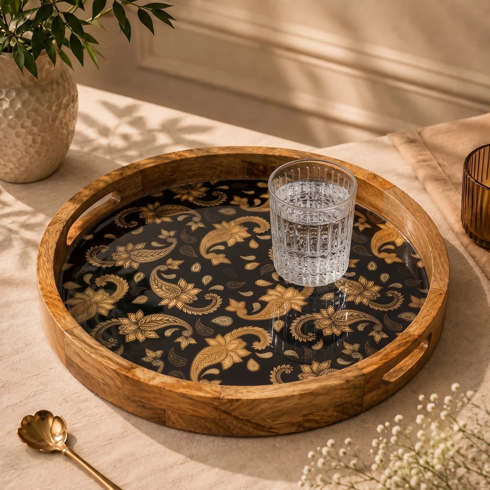 Premium Mango Wood Round Serving Tray with Gold Paisley Design