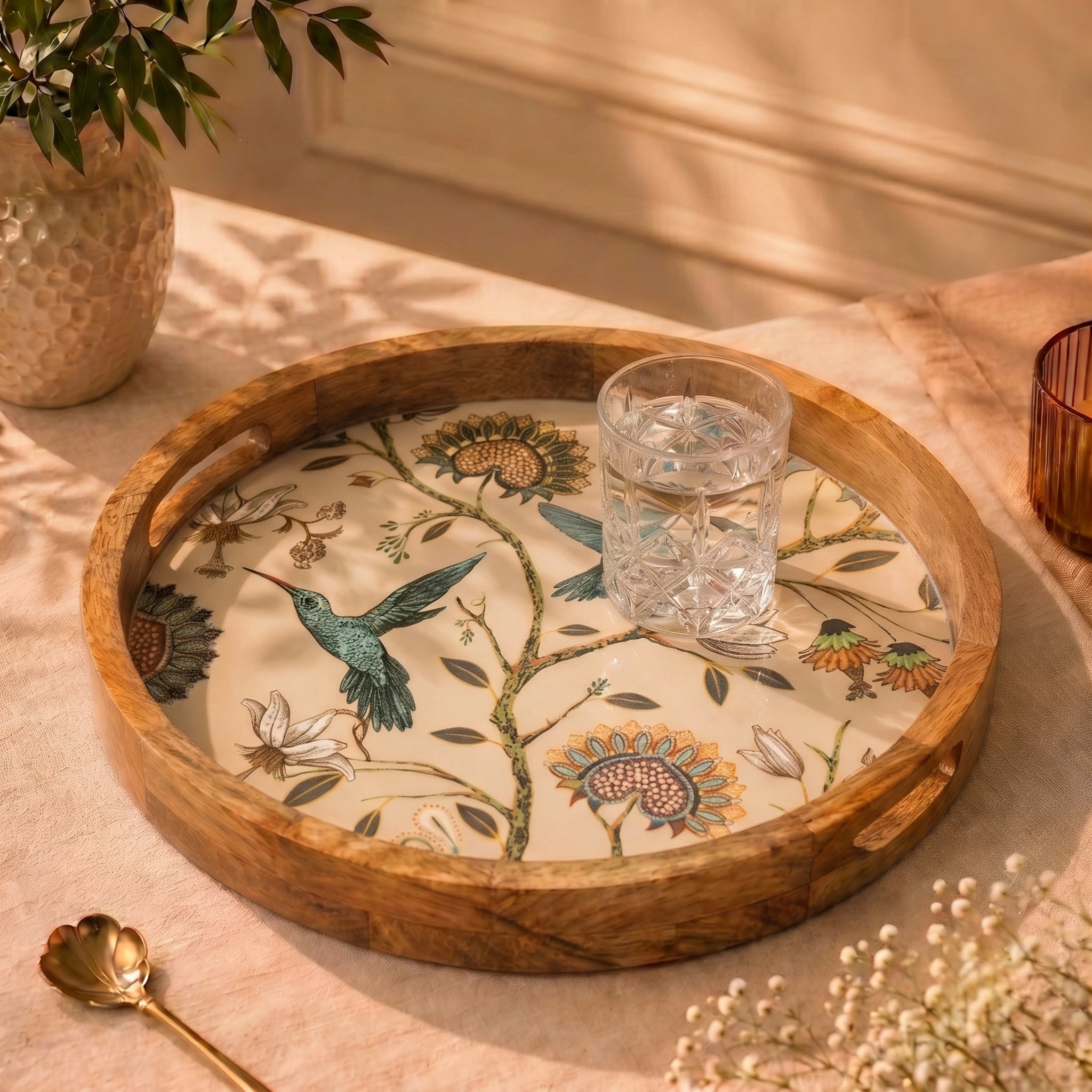 Decorative Mango Wood Serving Tray with Hummingbird Design