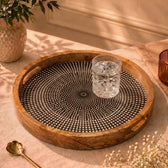 Modern Mango Wood Round Serving Tray with Geometric Dot Pattern
