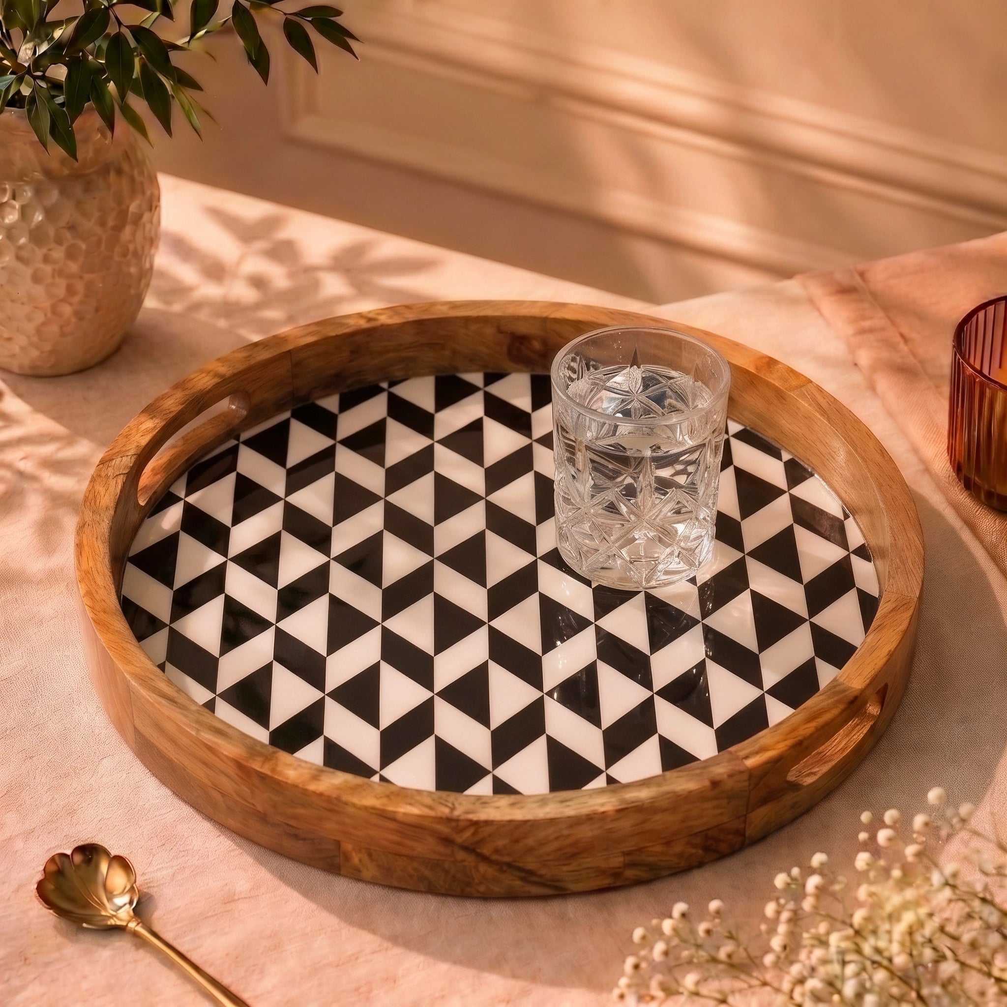Round Mango Wood Serving Tray with Black & White Geometric Print