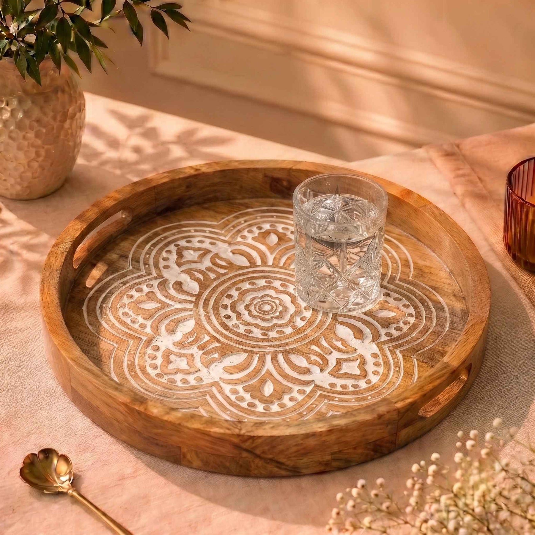 Wooden Round Serving Tray Set with Traditional Mandala Design