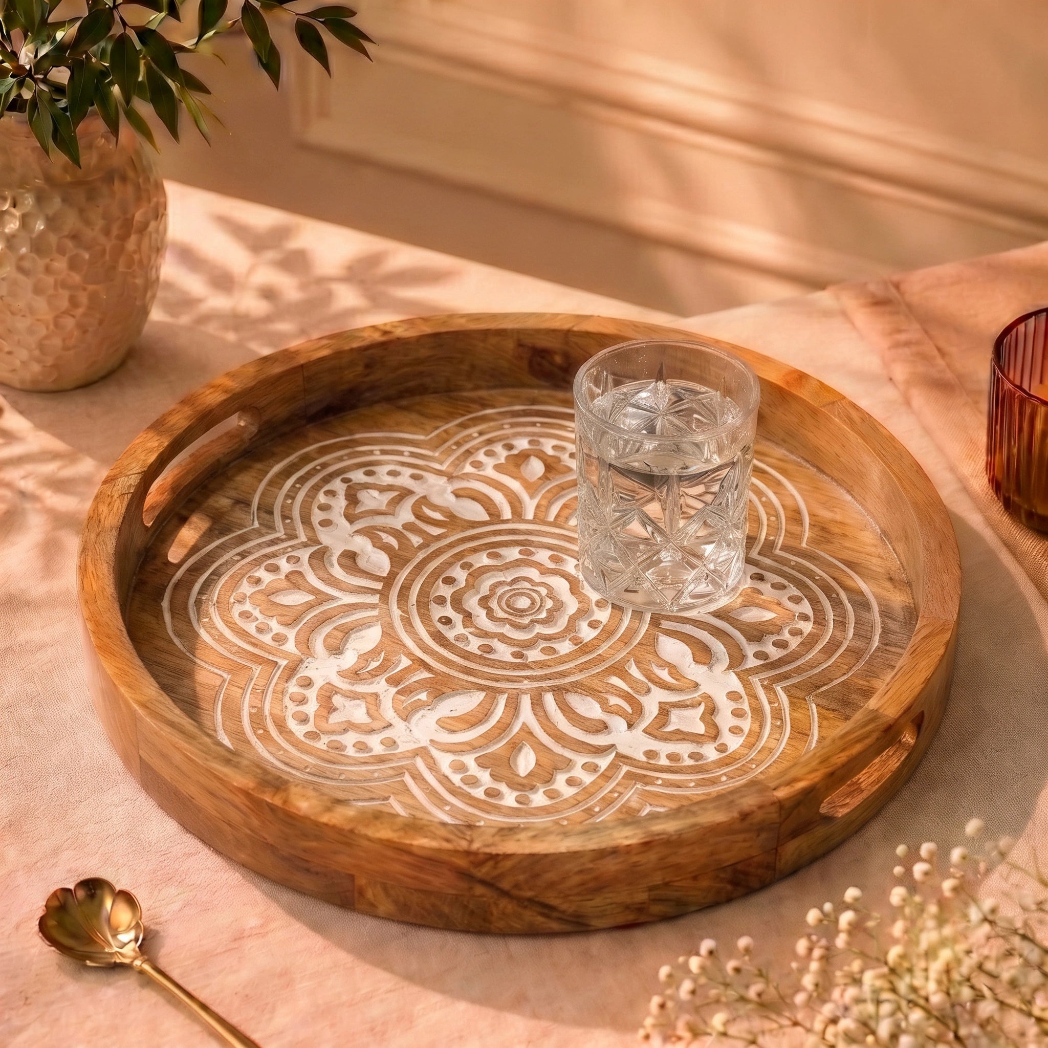 Wooden Round Serving Tray Set with Traditional Mandala Design