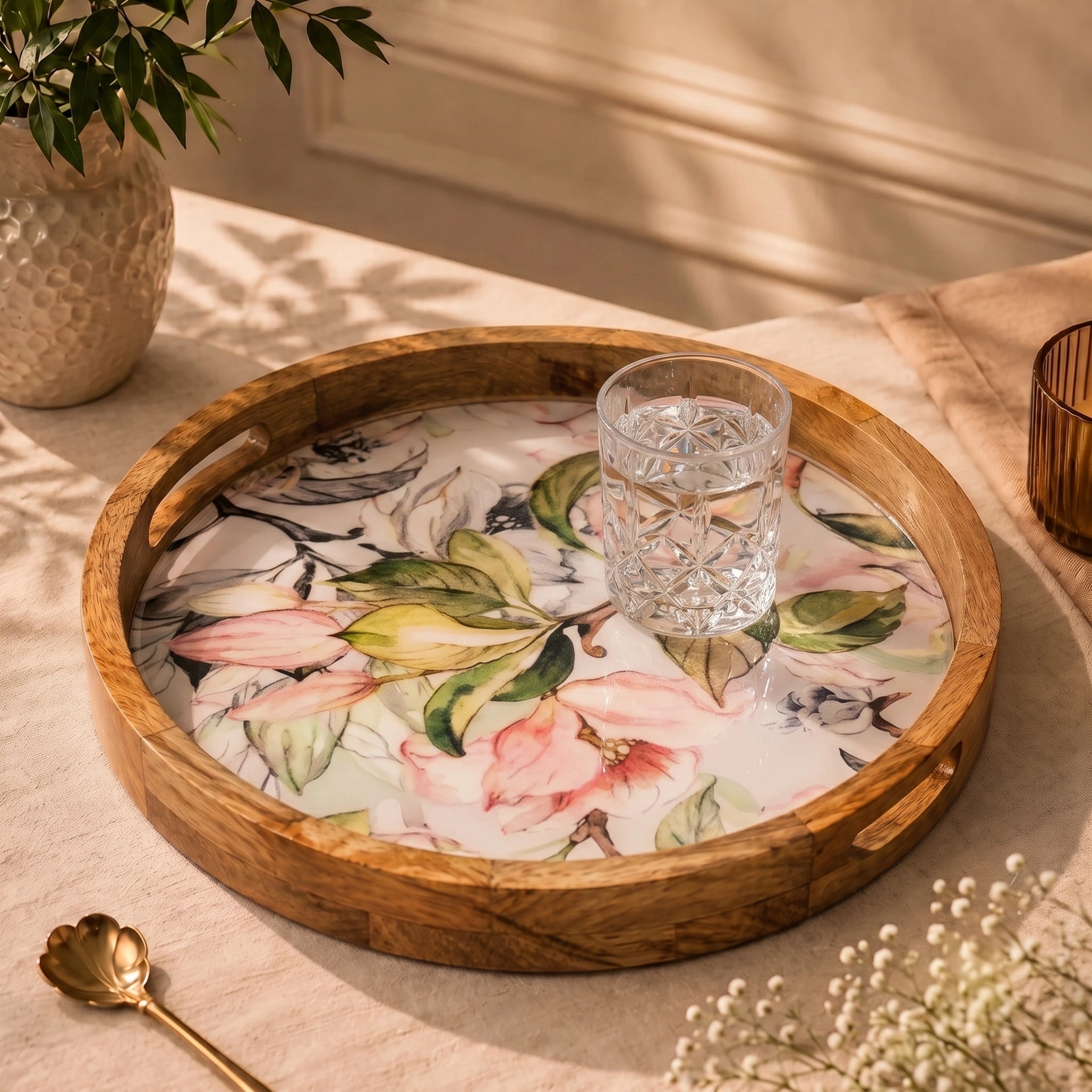 Premium Mango Wood Round Serving Tray with Pink Floral Print