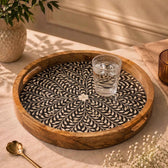 Premium Mango Wood Round Serving Tray with Black Petals Design