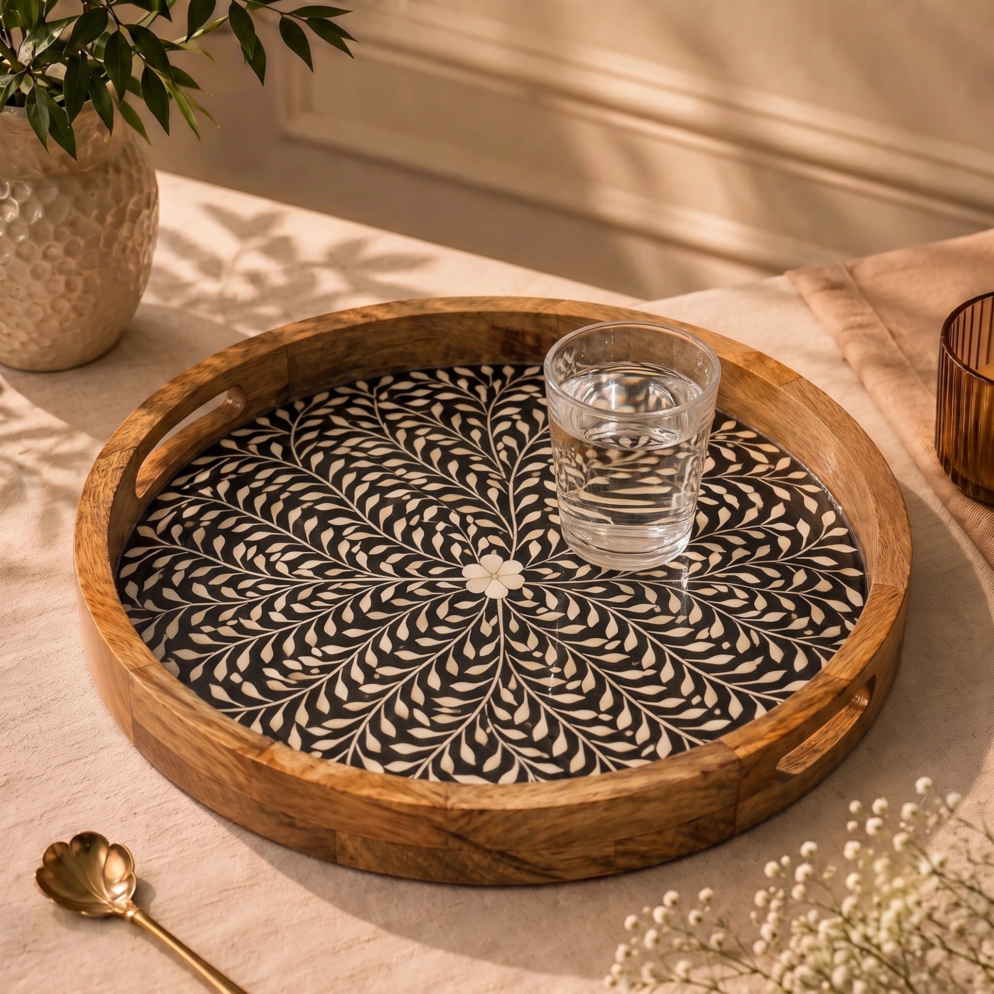 Premium Mango Wood Round Serving Tray with Black Petals Design