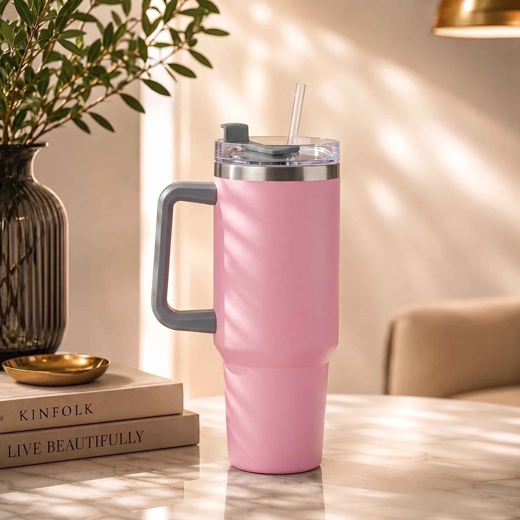 Premium Insulated Tumbler with Handle in Pastel Pink