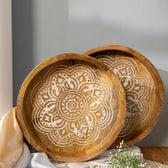 Handcrafted Mango-Wood Wooden Round Tray in Reddish Orange design-Set of 2